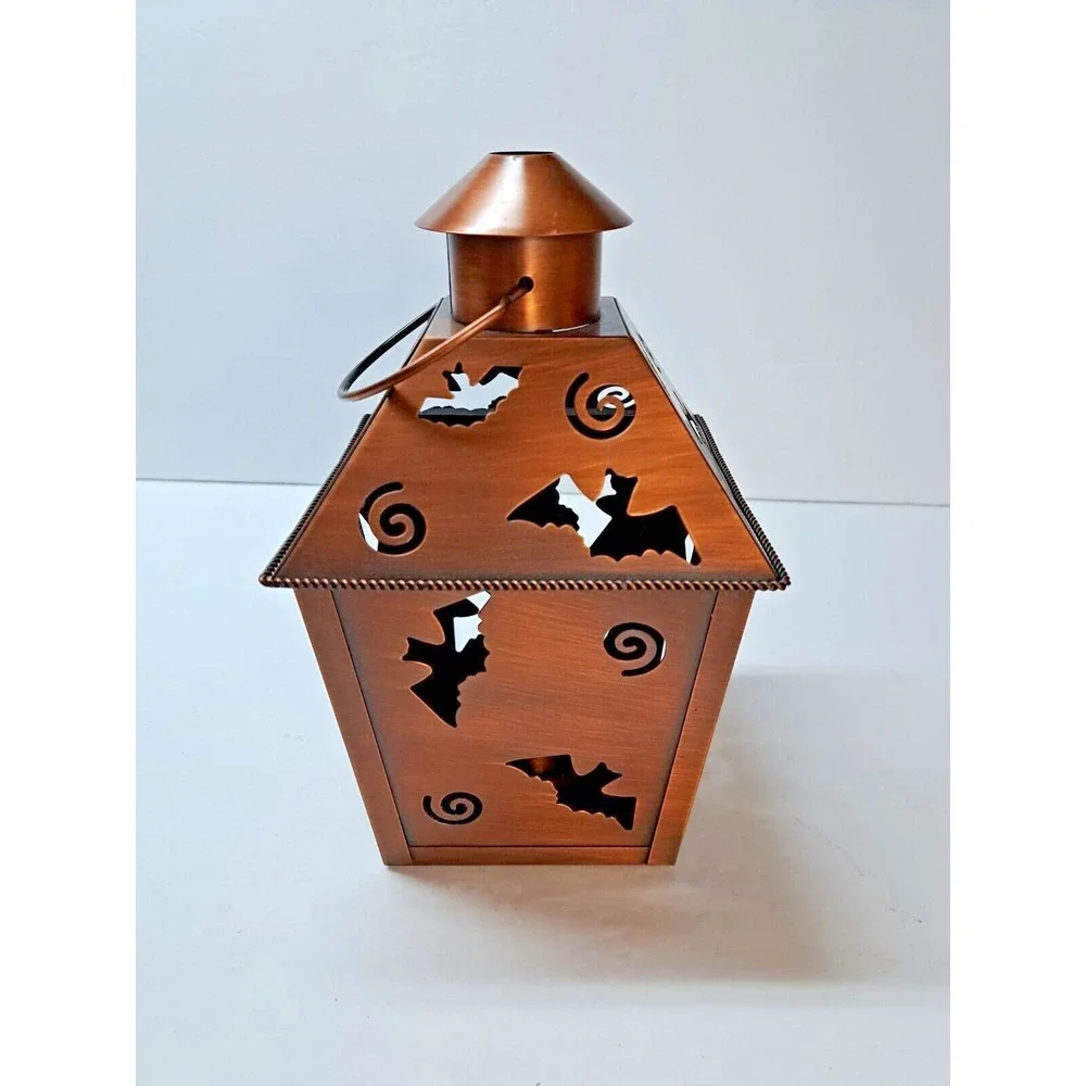 Halloween Metal Lantern Tealight Candle Holder Copper Bronze Tone Jack-O-Lantern